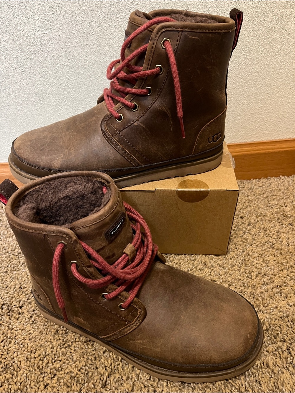 UGG Men's Brown Leather Ankle Boots with Red Laces